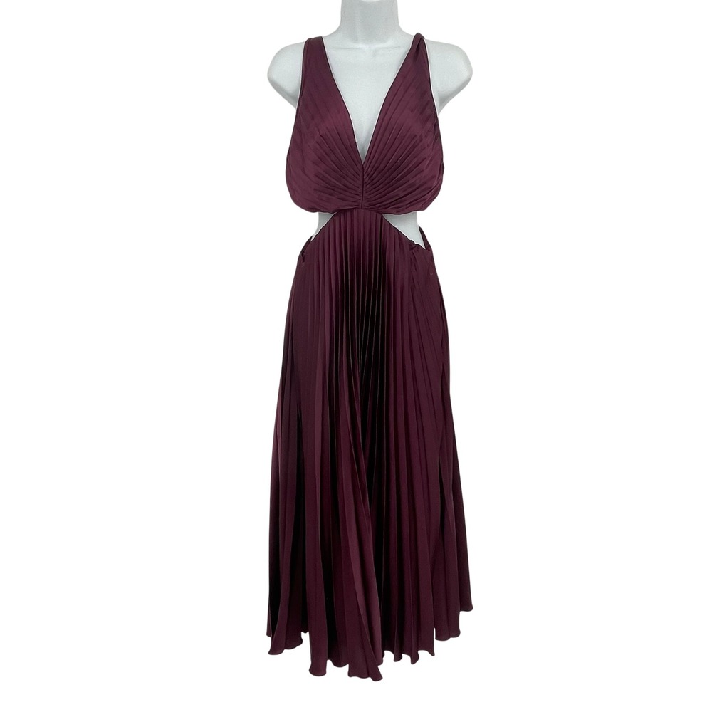 Abercrombie & Fitch Dress Burgundy Pleated Cutout Maxi V-Neck Maroon Medium